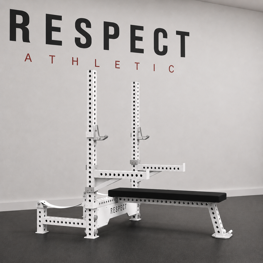 White Olympic bench press rack with 75 x 75 mm steel frame for bench press, squat, and deadlift training