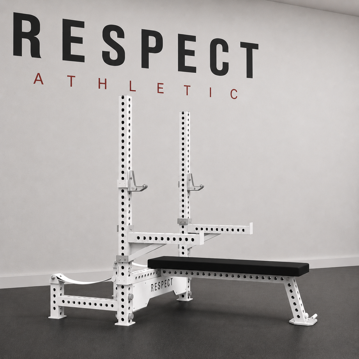 White Olympic bench press rack with 75 x 75 mm steel frame for bench press, squat, and deadlift training
